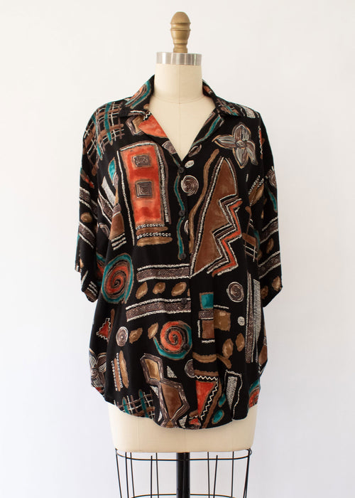80s Abstract Tribal Print Blouse