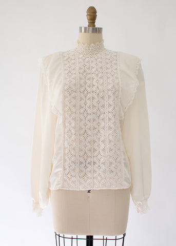 80s Floral Embroidered Organza Blouse