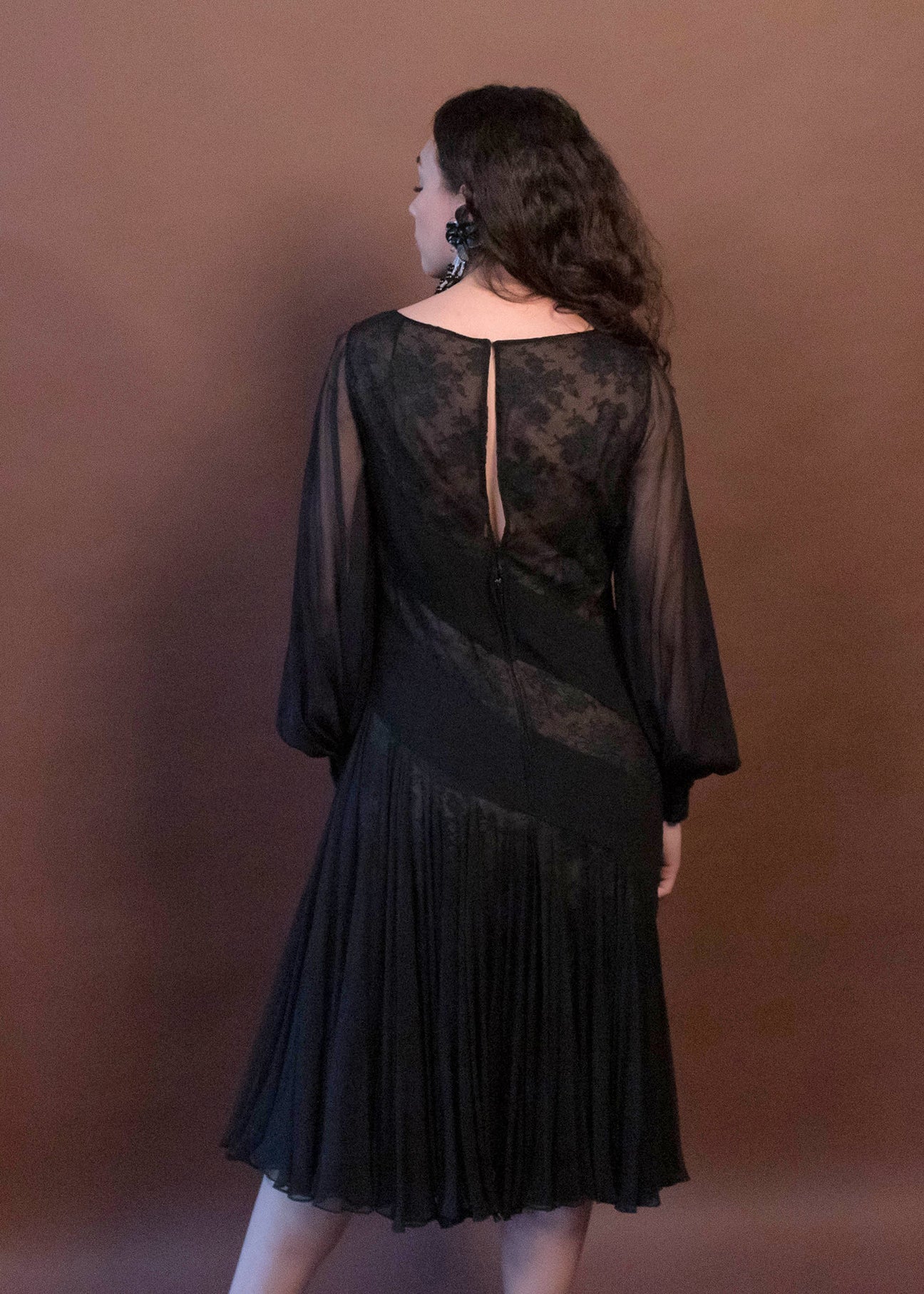 60s Black Silk Chiffon Floral Lace Dress