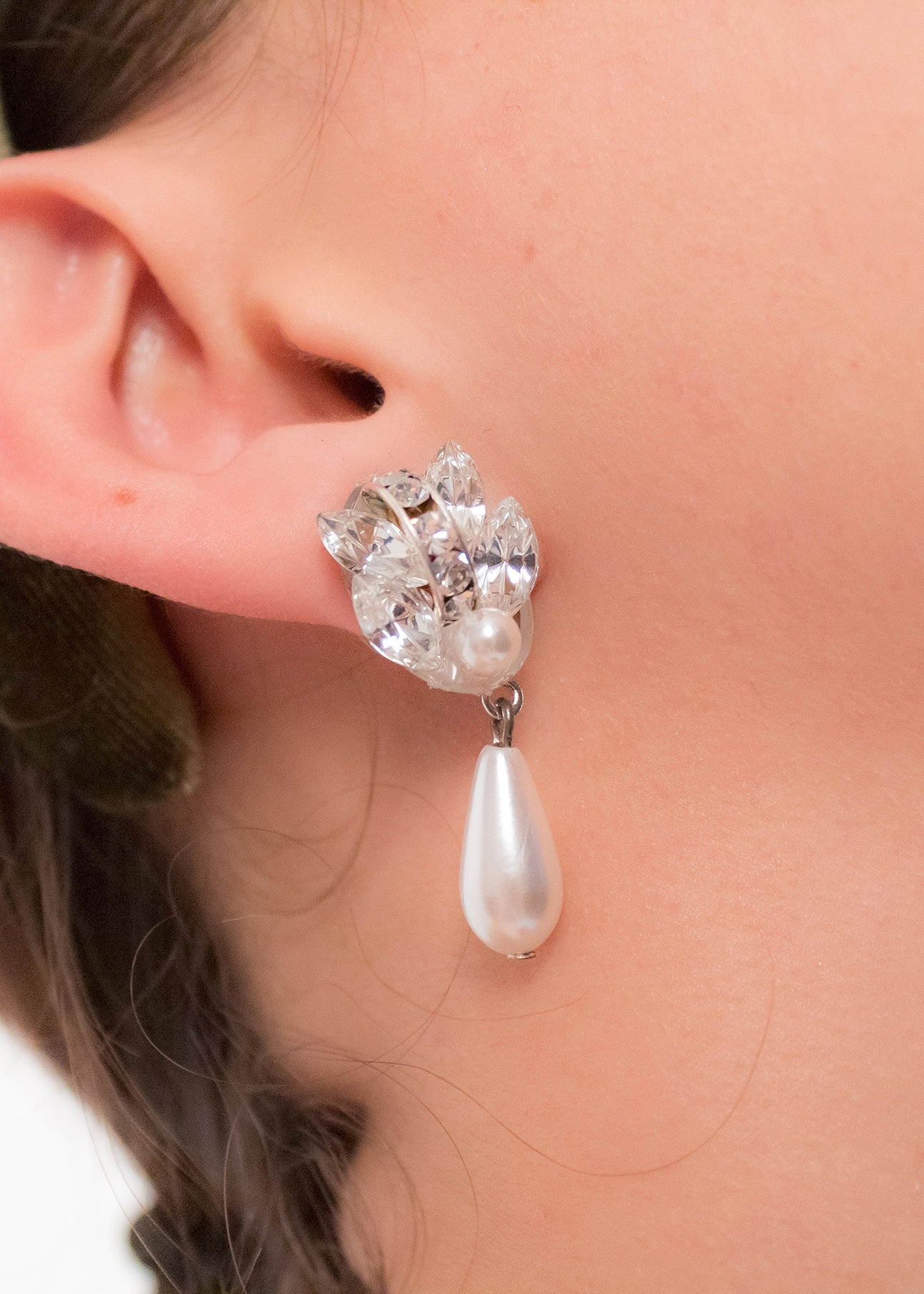 80s Swarovski Crystal Faux Pearl-Drop Earrings