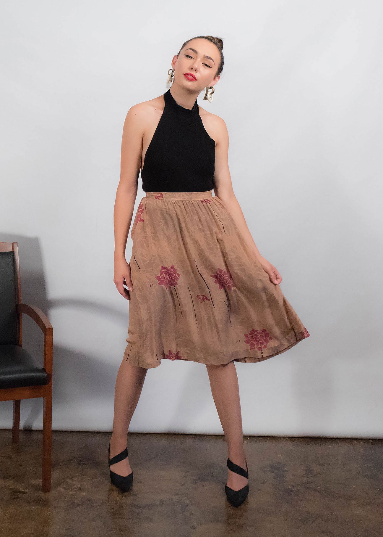 80s Floral Silk Skirt