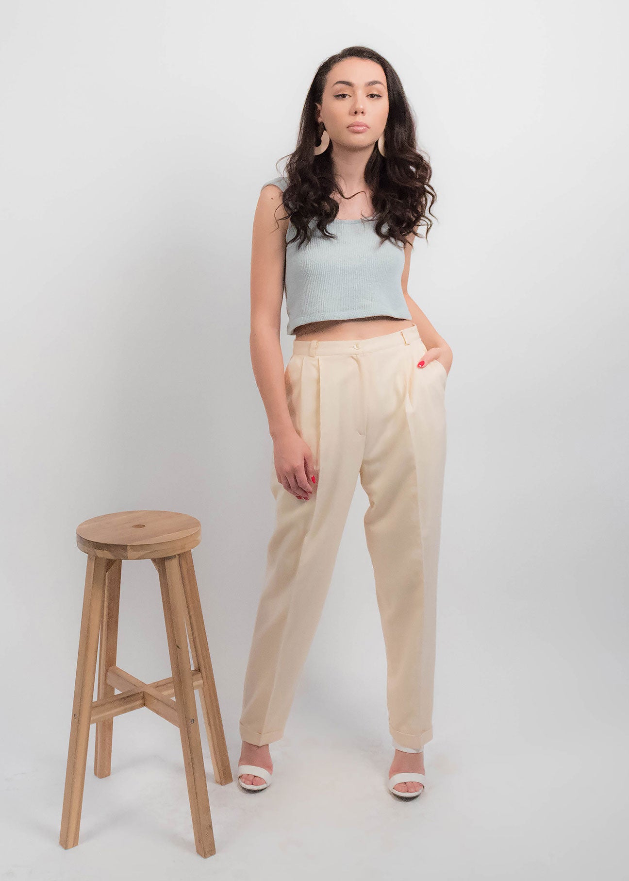 80s High-Waisted Butter Cream Trousers