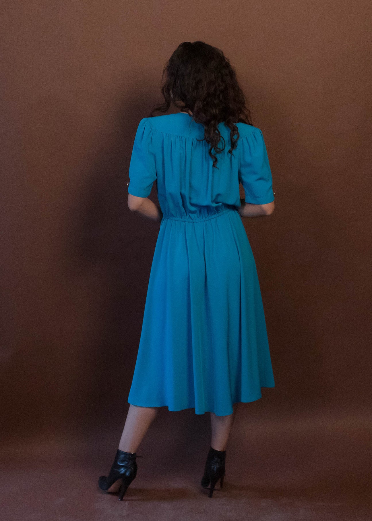 80s Silky Blue Puff Sleeve Dress